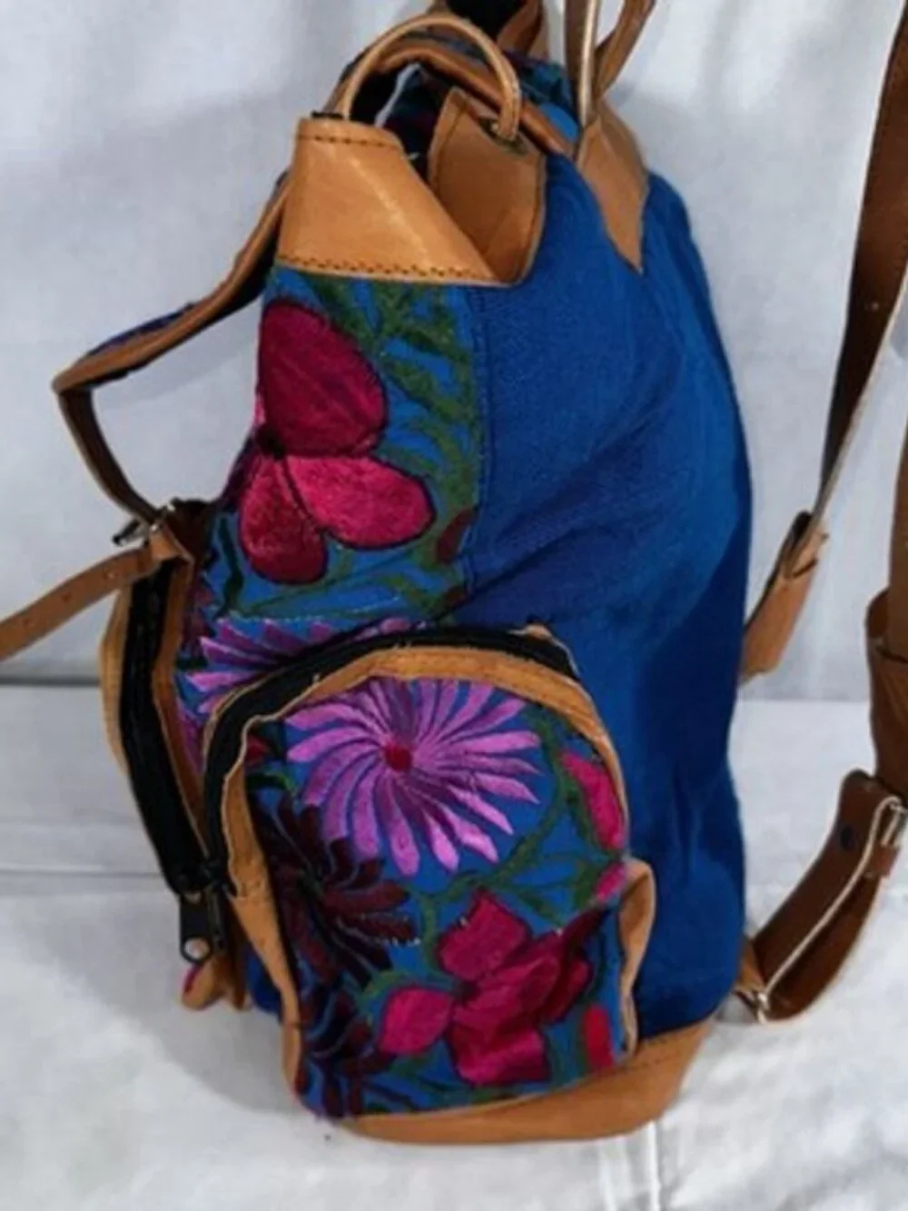 Multicolor Tapestry Embroidered Fabric Tan Leather Trim Drawstring Backpack